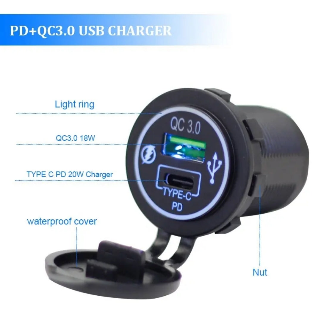 Nitro Industries 12V/24V Universal Dual Port Car Charger – QC3.0 USB + 20W PD Type-C